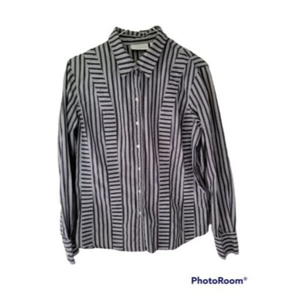Liz Claiborne Tops - Liz Claiborne Size 10 Button Up Blouse Striped Long Sleeve Shirt Blouse Patched